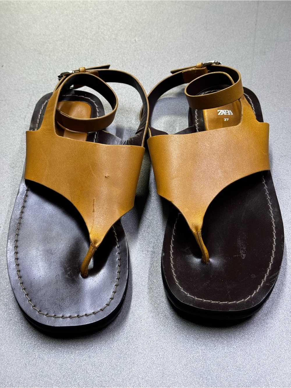 Zara Leather Flat Sandals Women EU 37 Brown Thong Square Toe Ankle Strap - Picture 4 of 9